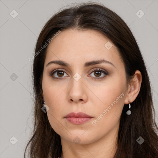 Neutral white young-adult female with long  brown hair and brown eyes