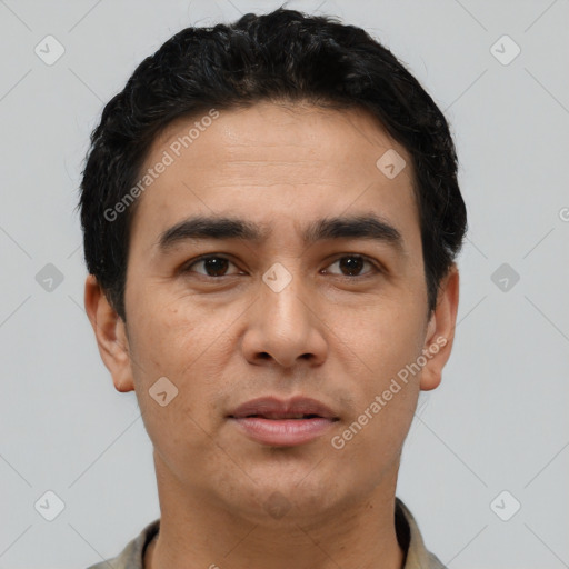Neutral latino young-adult male with short  black hair and brown eyes