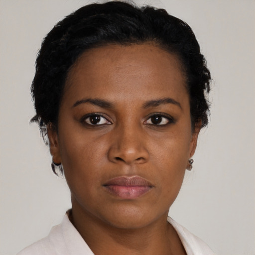 Neutral black young-adult female with short  black hair and brown eyes