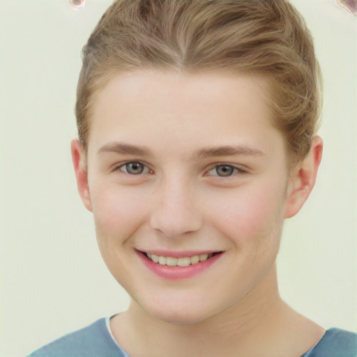 Joyful white child female with short  brown hair and brown eyes