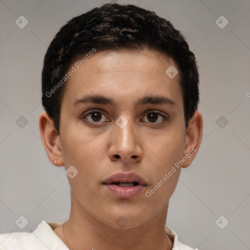 Neutral white young-adult male with short  brown hair and brown eyes