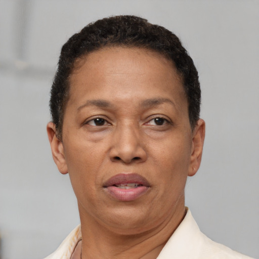 Neutral latino adult female with short  brown hair and brown eyes