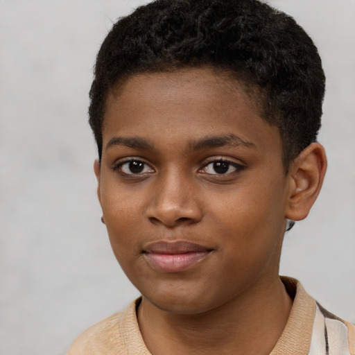Joyful black child female with short  brown hair and brown eyes