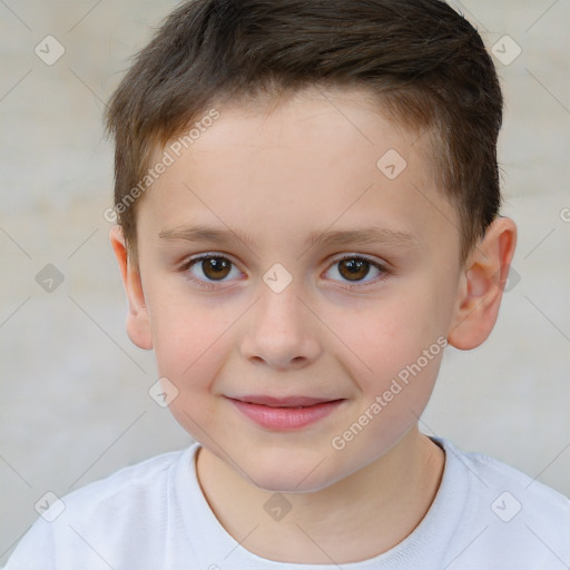 Joyful white child male with short  brown hair and brown eyes