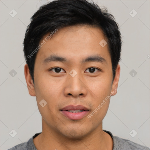 Neutral asian young-adult male with short  black hair and brown eyes