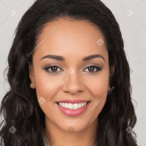 Joyful latino young-adult female with long  brown hair and brown eyes