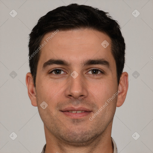 Joyful white young-adult male with short  brown hair and brown eyes