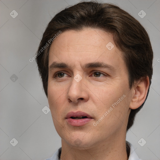 Neutral white adult male with short  brown hair and brown eyes