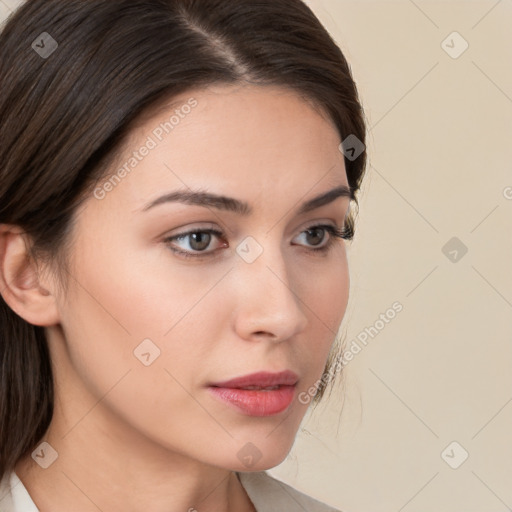 Neutral white young-adult female with medium  brown hair and brown eyes