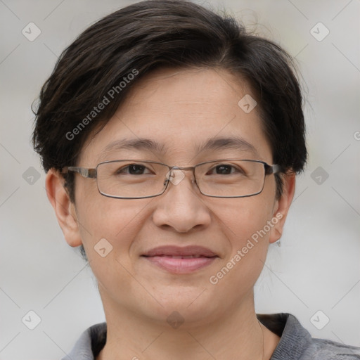 Joyful white adult female with short  brown hair and brown eyes