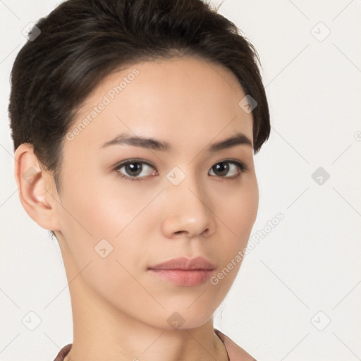 Neutral white young-adult female with short  brown hair and brown eyes