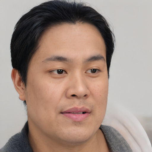 Joyful asian young-adult male with short  brown hair and brown eyes