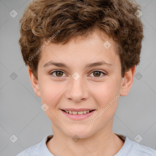 Joyful white child male with short  brown hair and brown eyes