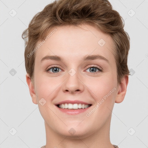 Joyful white young-adult female with short  brown hair and grey eyes