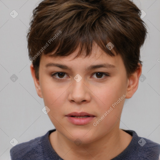 Neutral white young-adult female with short  brown hair and brown eyes