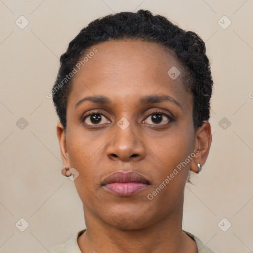 Neutral black young-adult female with short  black hair and brown eyes