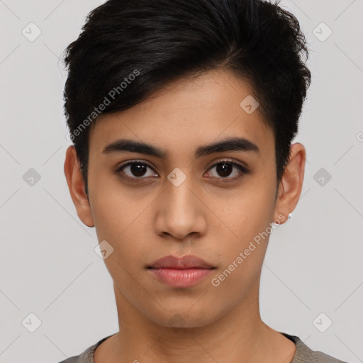 Neutral latino young-adult male with short  black hair and brown eyes