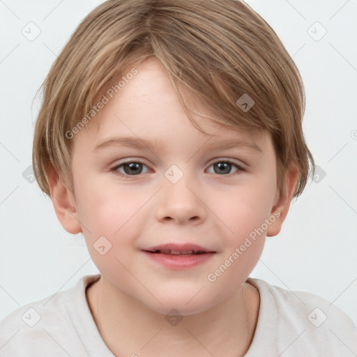 Joyful white child female with short  brown hair and brown eyes