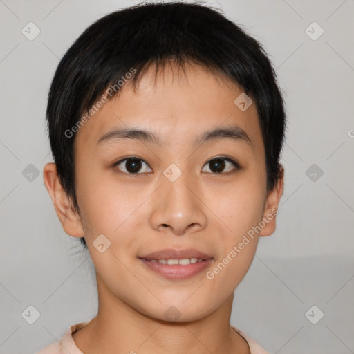 Joyful asian young-adult female with short  brown hair and brown eyes