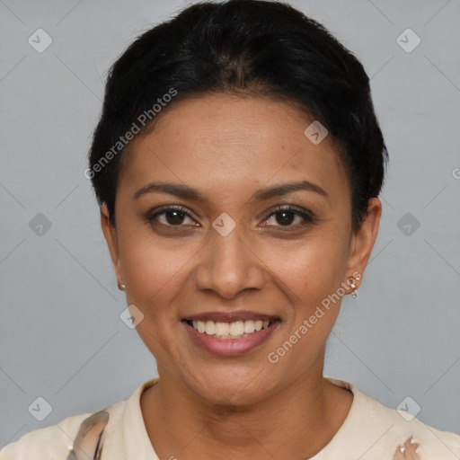 Joyful latino young-adult female with short  black hair and brown eyes