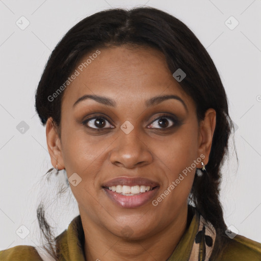 Joyful black young-adult female with medium  brown hair and brown eyes