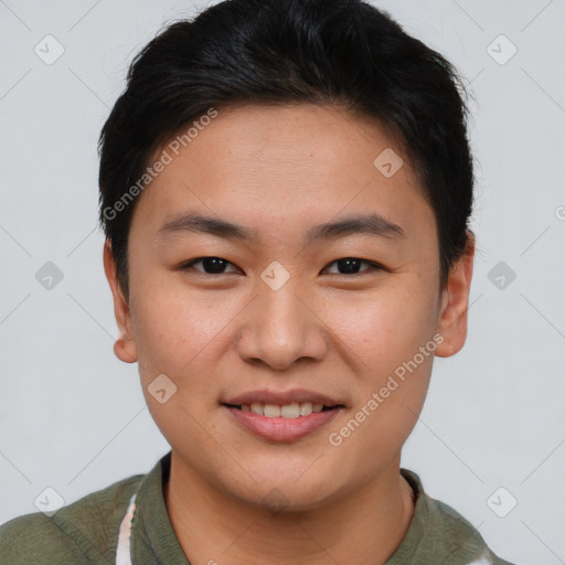 Joyful asian young-adult male with short  brown hair and brown eyes