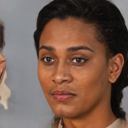 Neutral black young-adult female with medium  brown hair and brown eyes