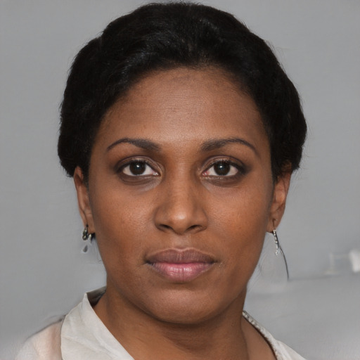 Neutral black young-adult female with short  black hair and brown eyes