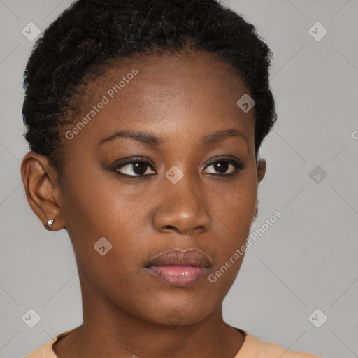 Neutral black young-adult female with short  brown hair and brown eyes