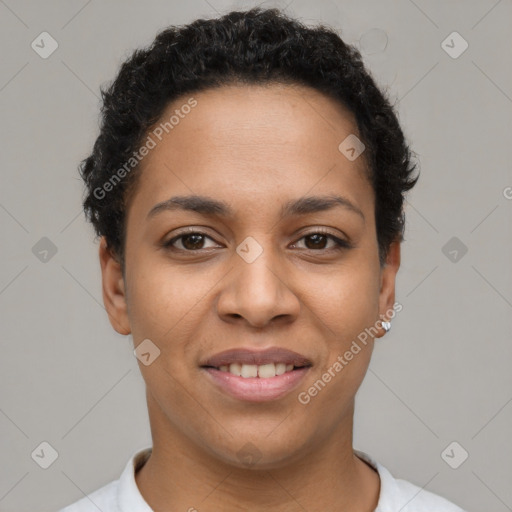 Joyful latino young-adult female with short  brown hair and brown eyes