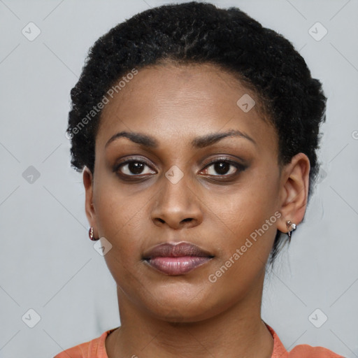 Neutral black young-adult female with short  black hair and brown eyes