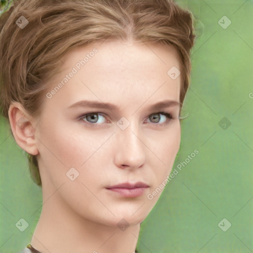 Neutral white young-adult female with short  brown hair and brown eyes