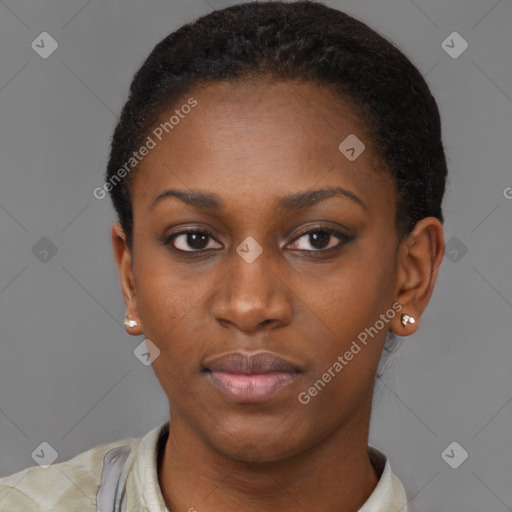 Neutral black young-adult female with short  brown hair and brown eyes