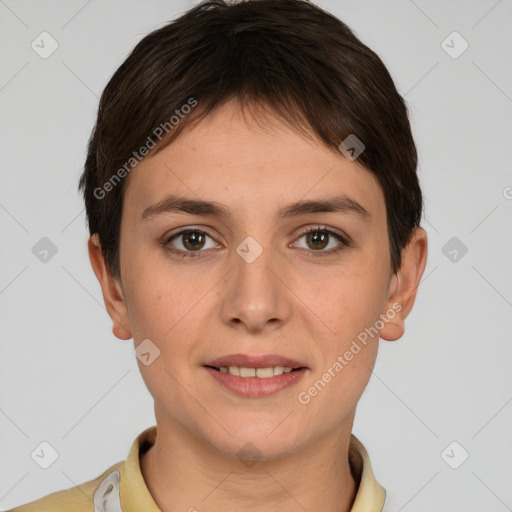 Joyful white young-adult female with short  brown hair and brown eyes