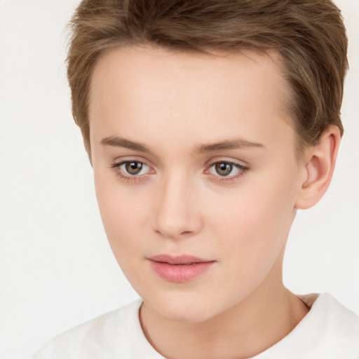 Neutral white young-adult female with short  brown hair and brown eyes