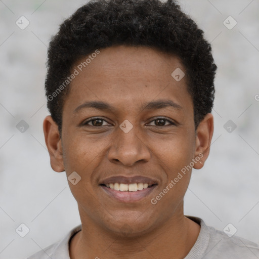 Joyful black young-adult male with short  brown hair and brown eyes