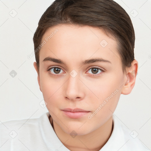 Neutral white young-adult female with short  brown hair and brown eyes