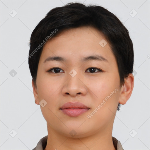 Neutral asian young-adult female with short  black hair and brown eyes