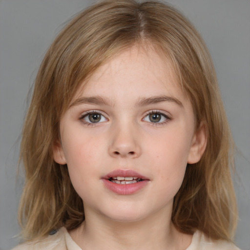 Neutral white child female with medium  brown hair and blue eyes