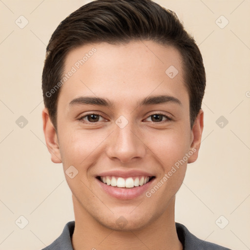 Joyful white young-adult male with short  brown hair and brown eyes