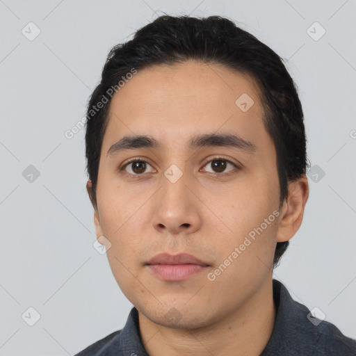 Neutral asian young-adult male with short  black hair and brown eyes