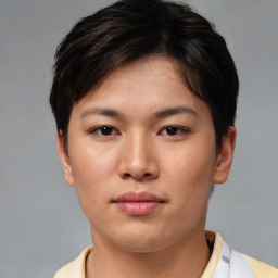 Neutral asian young-adult female with short  brown hair and brown eyes