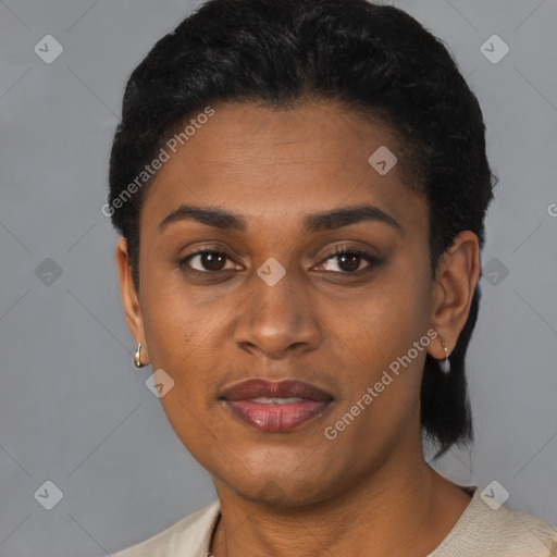 Joyful latino young-adult female with short  black hair and brown eyes