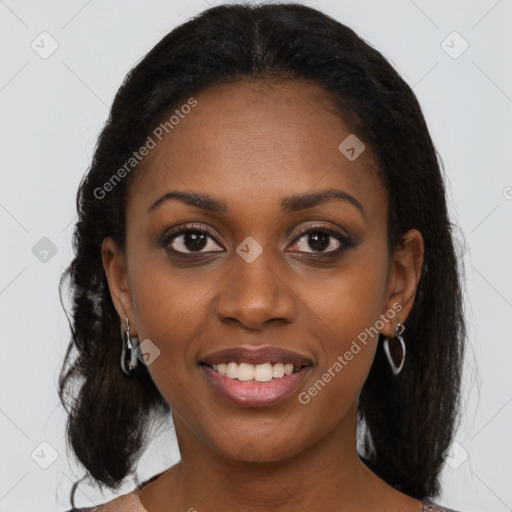 Joyful black young-adult female with medium  black hair and brown eyes