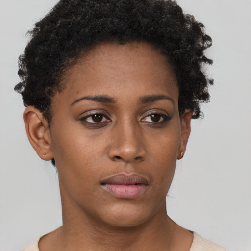 Neutral black young-adult female with short  brown hair and brown eyes