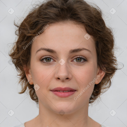 Joyful white young-adult female with medium  brown hair and green eyes