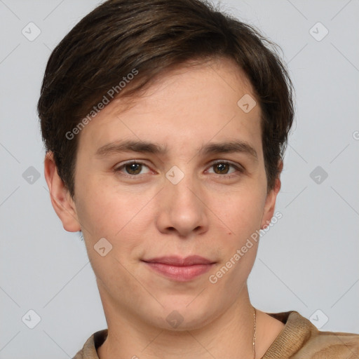 Neutral white young-adult male with short  brown hair and grey eyes