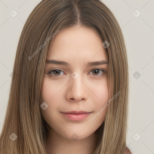 Neutral white young-adult female with long  brown hair and brown eyes