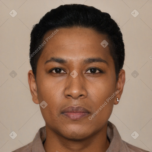 Neutral latino young-adult female with short  black hair and brown eyes