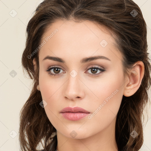 Neutral white young-adult female with long  brown hair and brown eyes